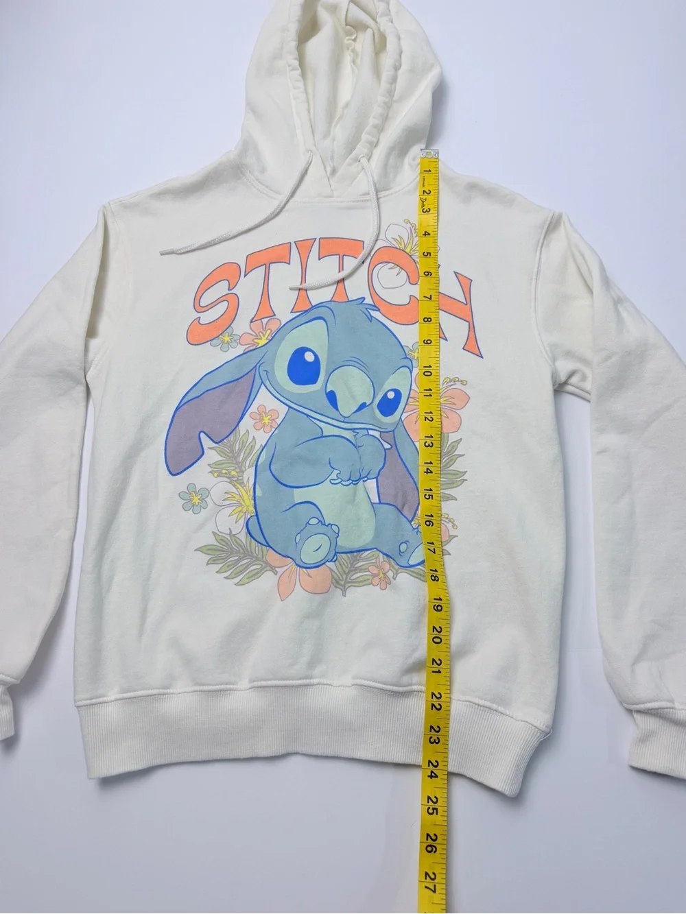Disney Stitch Hoodie XS Cream Pullover Sweatshirt Floral Graphic Hoodie - Picture 2 of 7